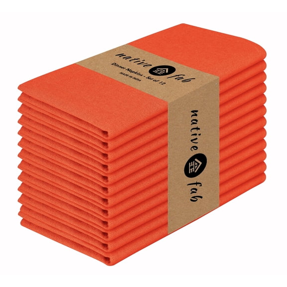 Native Fab Table Dinner Napkin Set of 12, Soft Cotton Reusable Fabric Cloth Napkins, 17x17 inches - Orange