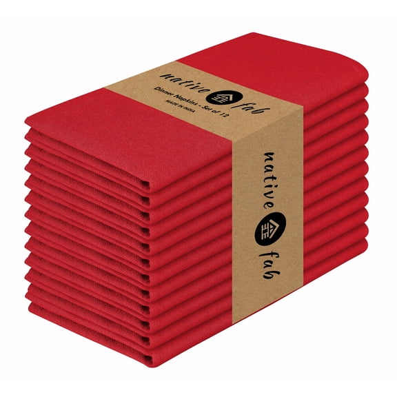 Native Fab Table Dinner Napkin Set of 12, Soft Cotton Reusable Fabric Cloth Napkins, 17x17 inches - Red