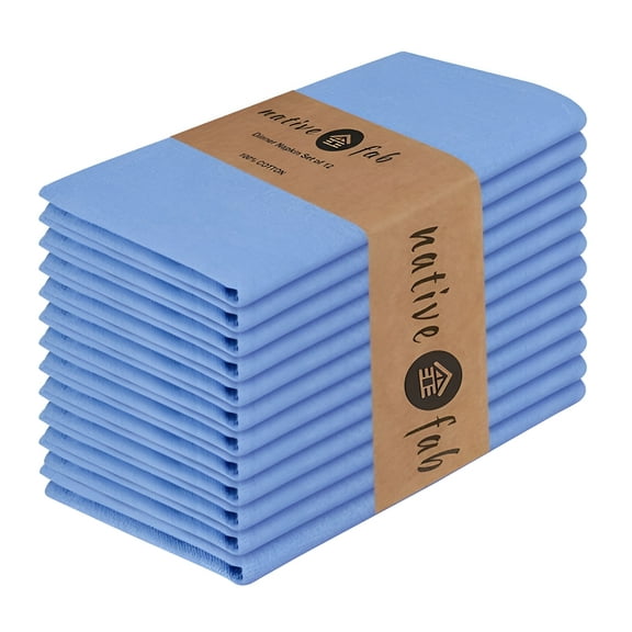 Native Fab Table Dinner Napkin Set of 12, Soft Cotton Reusable Fabric Cloth Napkins, 17x17 inches - Sky Blue