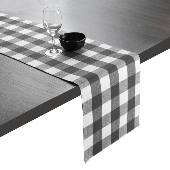 Native Fab Table Runner Buffalo Check Plaid 100% Cotton - 13x72 Inches Kitchen Dining Table Decoration for Indoor Outdoor Farmhouse Home Party Decor - Grey and White
