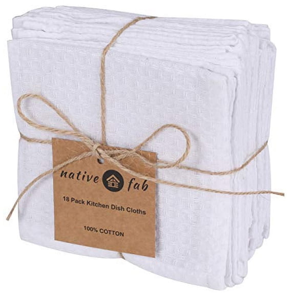 Native Fab Waffle 18 Pack Kitchen Dish Cloths Cotton 12x12 Absorbent Washable, Dish Towels, Restaurant Cleaning Towels, Bar Mops Towels, Rags for Home Kitchen Bars, White
