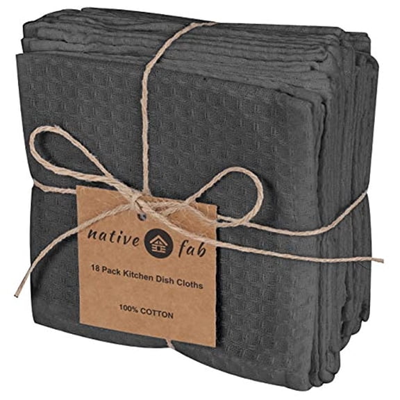 Native Fab Waffle 18 Pack Kitchen Dish Cloths Cotton 12x12 Absorbent Washable Restaurant Cleaning Bar Mops Towels Rags Home Grey