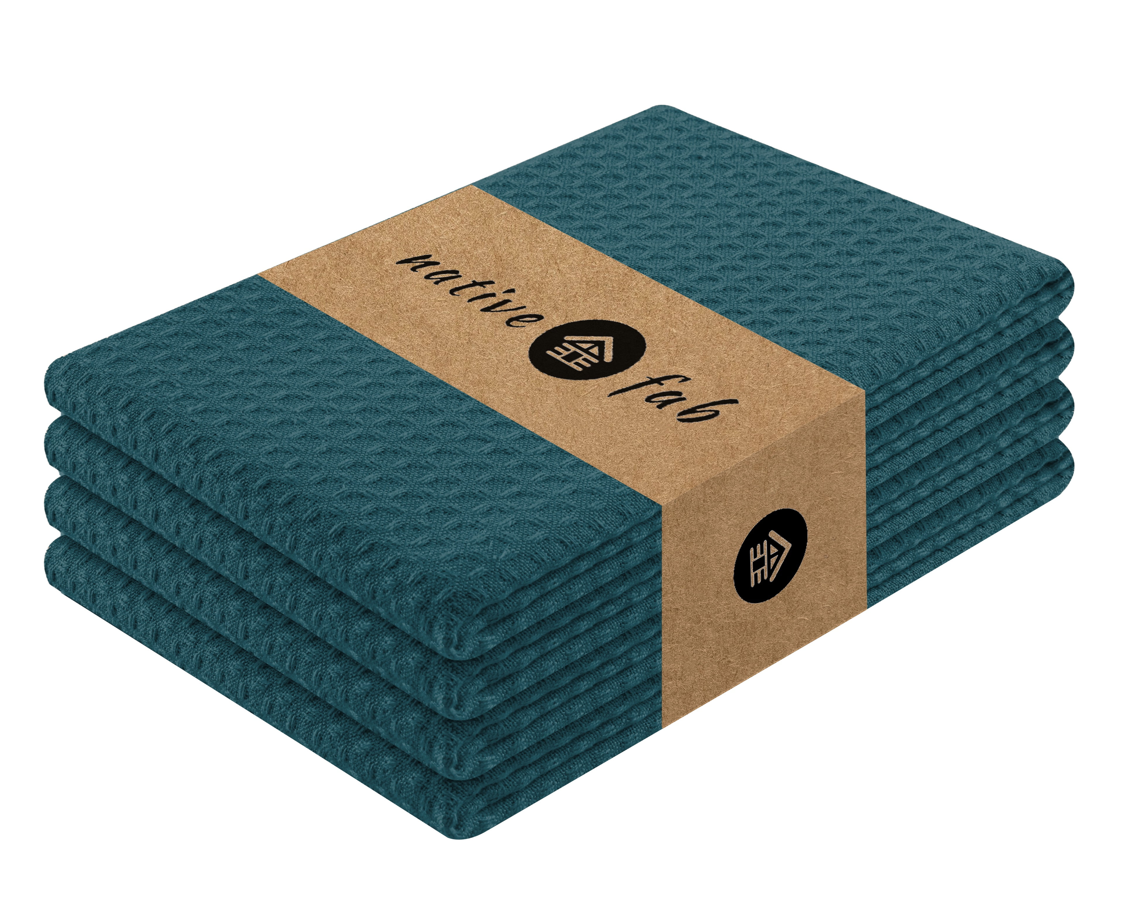 Native Fab Waffle Dish Towels 16x26 - Kitchen Dishcloths Set Cotton Absorbent Set of 4 - Teal Green