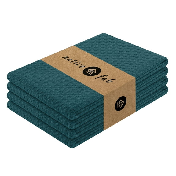 Native Fab Waffle Dish Towels 16x26 - Kitchen Dishcloths Set Cotton Absorbent Set of 4 - Teal Green