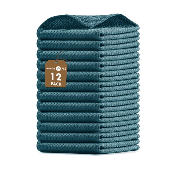 Native Fab Waffle Dishcloths, Set of 12, Cotton, 12x12 Teal Green