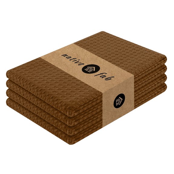 Native Fab Waffle Kitchen Dish Towels 16x26 - 100% Cotton Absorbent Dishcloths 4 Pack - Brown