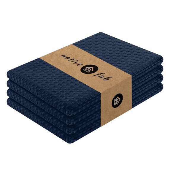 Native Fab Waffle Kitchen Hand Towels 16x26 - 100% Cotton Absorbent Dishcloths Set of 4 - Navy Blue