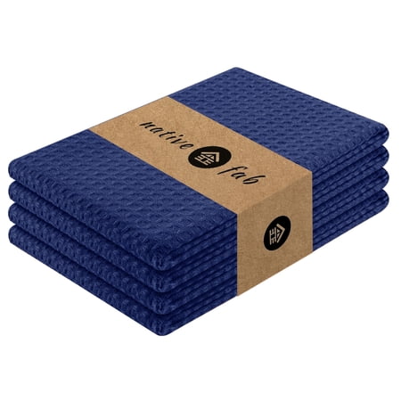 Native Fab Waffle Kitchen Towels 4 Pack - Super Absorbent 100% Cotton Dish Towel for Cleaning, Drying, Cooking - Durable, Soft Kitchen Essentials for Home Use, 16x26 inches - Ink Blue