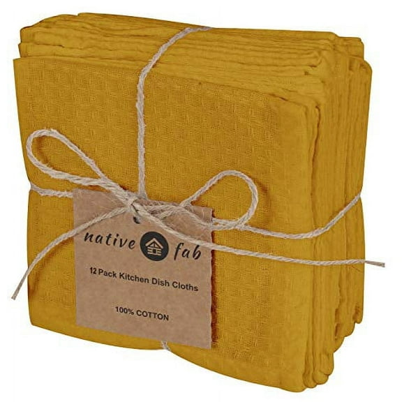 Native Fab Waffle Weave Dishcloths Set, Absorbent Dish Rags, 12"x12", 100% Cotton, 12 Pack, Mustard Yellow
