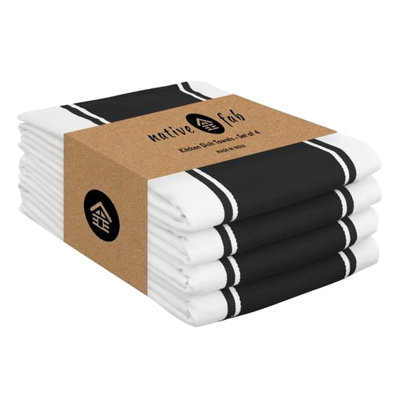 Native Fab Wide Striped Kitchen Towels - 18x28 Inch, 4 Pack Dish Towel Set, Highly Absorbent, Quick Drying, Cotton Dish Cloths for Dish Drying, Hand Wiping, and Counter Cleaning - Black