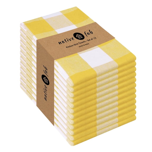 Native Fab Yellow Buffalo Dish Towel 16"x26", Set of 12 - Cotton Plaid Towels, Soft Absorbent Dishcloths with Hanging Loop, Kitchen Towels for Quick Drying - Yellow White
