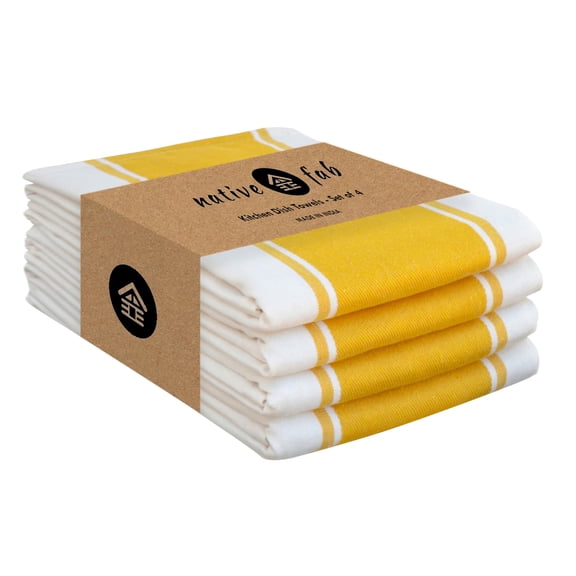 Native Fab Yellow Striped Dish Towels 18"x28", 4 Pack, Wide Stripe, Highly Absorbent, Fast Dry, 100% Cotton Hand Towels for Drying Dishes, Glassware, Dishcloth Set, Kitchen Cleaning Towel - Yellow