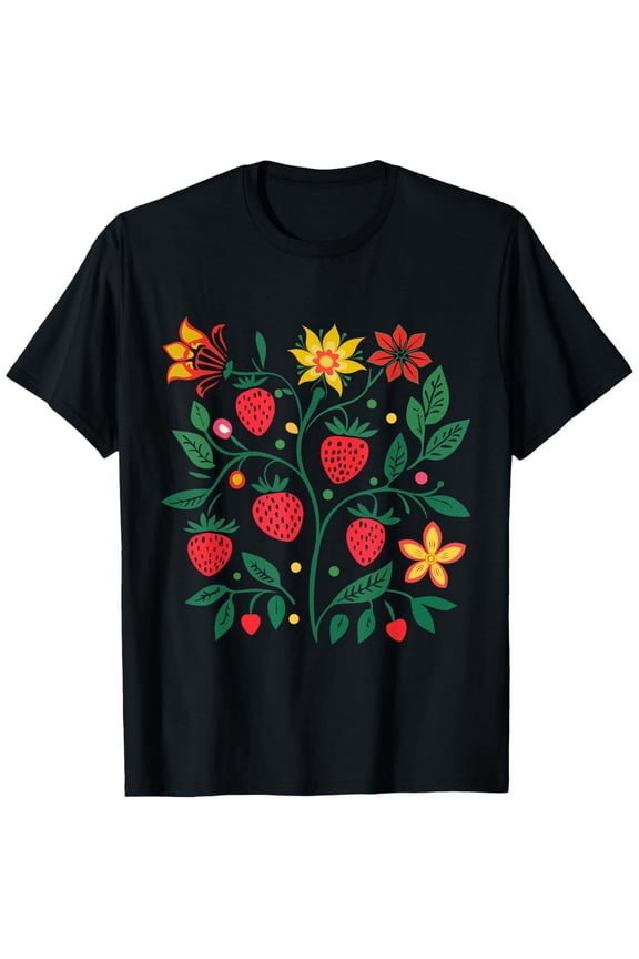 [Native Floral T-Shirt] Native Wild Flowers And Strawberries Ojibwe Floral Botanical T-Shirt, Black, Gift for Men Women Dad Mom Friends