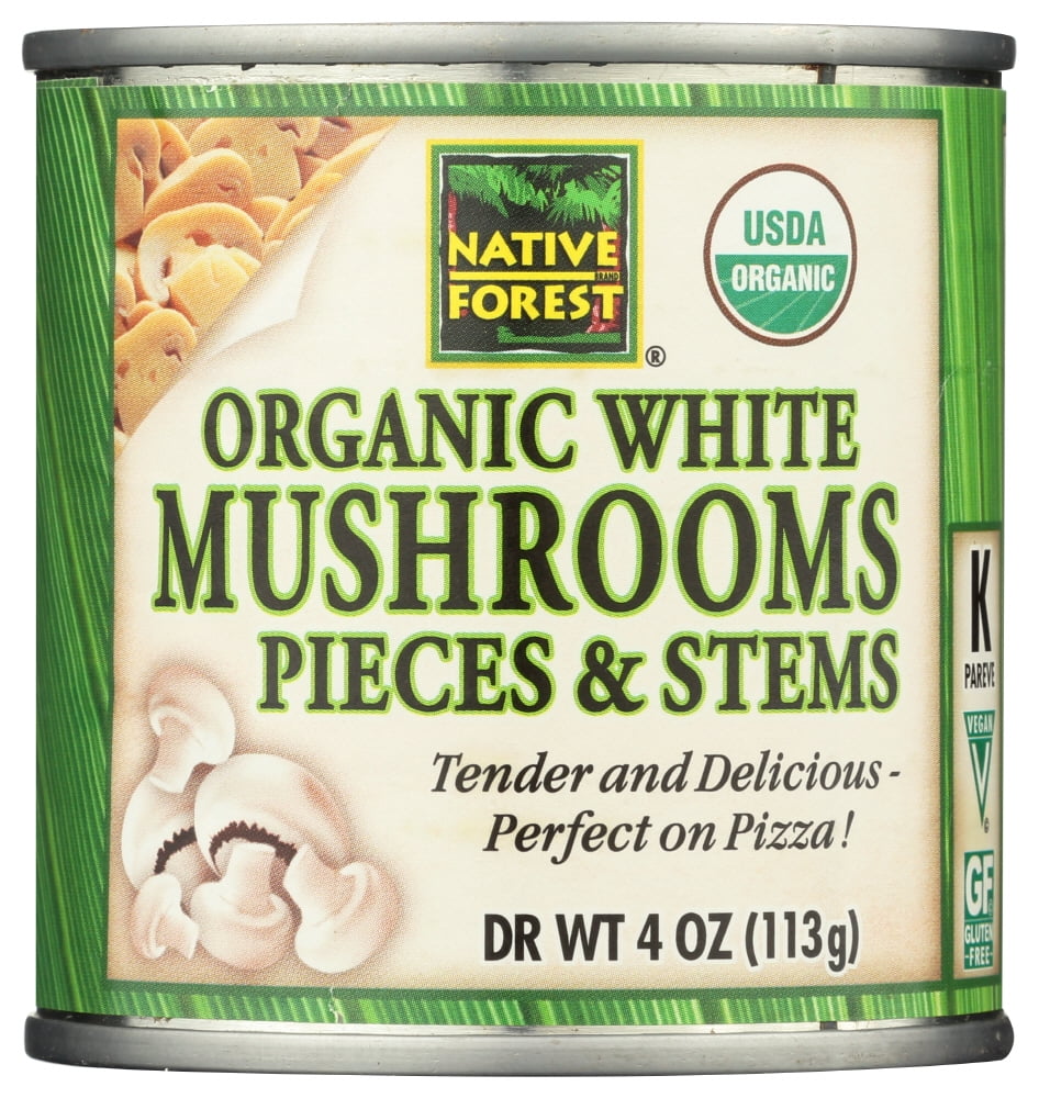 Organic White Mushrooms Pieces and Stems in Aluminum Can