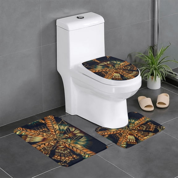 Native Indian Feathers Ethnic Tassles 3-Piece Bathroom Rug Set Non-Slip Flannel Bath Mat 24"x16" U-Shaped Contour Mat Toilet Lid Cover