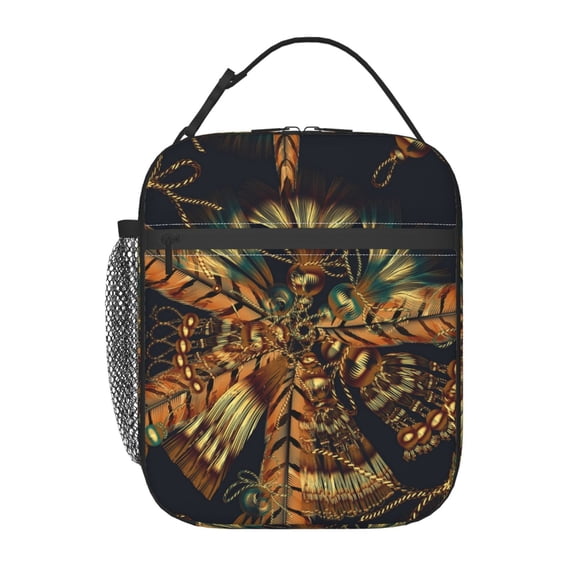 Native Indian Feathers Ethnic Tassles Lunch Box Bag Insulated Lunchbox Reusable Tote Thermal Cooler Portable for Women Men