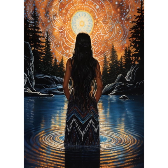 Native Indian Woman Back Stand in Water DIY 5D Diamond Art Paint with Full Drill Round Diamond Gems Painting by Number Kits for Adults Art Craft Home Wall Decoration 11.8x15.8inch