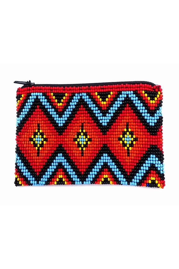 Native Inspired Diamond Pattern Czech Glass Seed Beaded Coin Purse Zipper Pouch - Womens Fashion Handmade Bags Tribal Travel Accessories