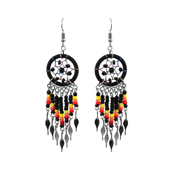 Native Inspired Dream Catcher Long Seed Beaded Metal Dangle Earrings - Womens Fashion Handmade Jewelry Boho Accessories