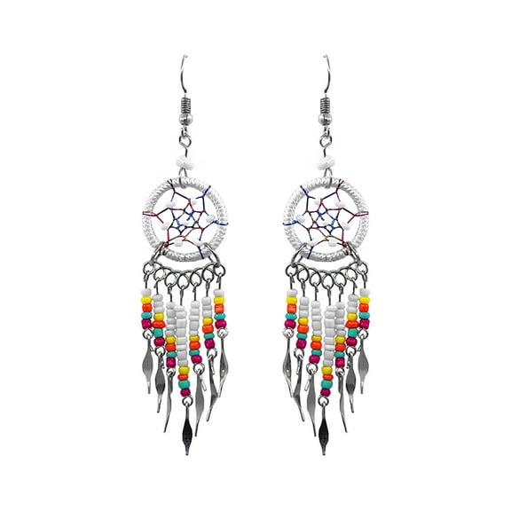 Native Inspired Dream Catcher Long Seed Beaded Metal Dangle Earrings - Womens Fashion Handmade Jewelry Boho Accessories