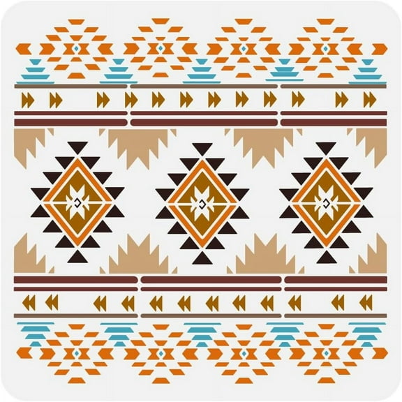 Native Inspired Geometric Large Stencil 11.8x11.8" Western Pattern Painting Big Stencil West Themes Wall Stencil Reusable Western Border Decorative Template for DIY Wood Floor TileMixed Color