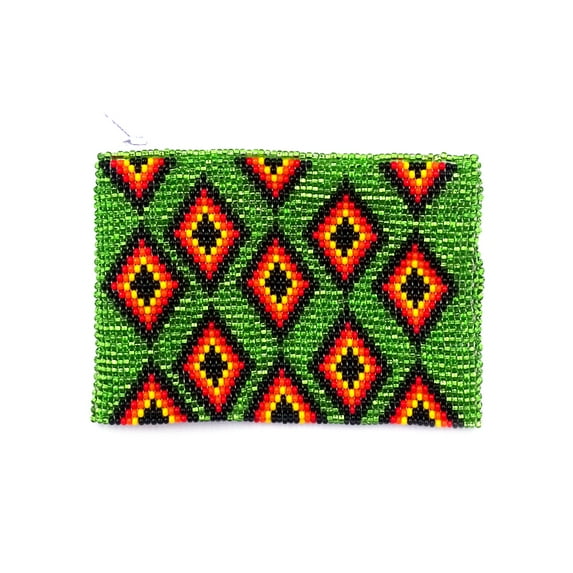 Native Inspired Multi Diamond Pattern Czech Glass Seed Beaded Coin Purse Zipper Pouch - Womens Fashion Handmade Bags Tribal Accessories