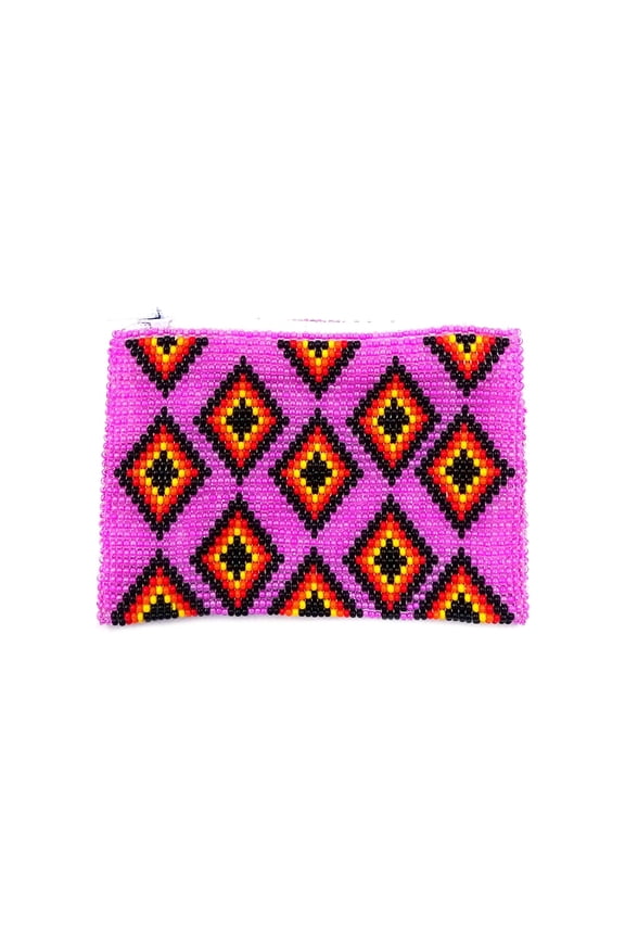 Native Inspired Multi Diamond Pattern Czech Glass Seed Beaded Coin Purse Zipper Pouch - Womens Fashion Handmade Bags Tribal Accessories