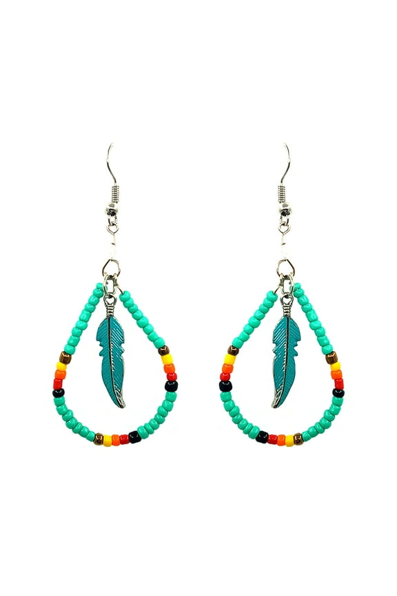 Native Inspired Teardrop Shaped Seed Beaded Hoop Metal Feather Charm Dangle Earrings - Womens Fashion Handmade Jewelry Boho Accessories