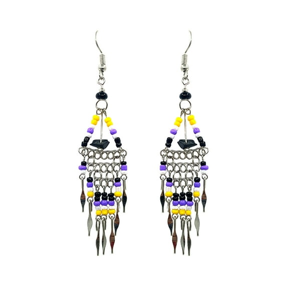 Native Inspired Triangle Seed Bead Chip Stone Long Beaded Metal Chain Dangle Earrings - Womens Fashion Handmade Jewelry Tribal Accessories