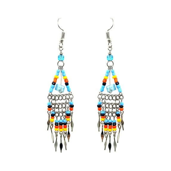 Native Inspired Triangle Seed Bead Chip Stone Long Beaded Metal Chain Dangle Earrings - Womens Fashion Handmade Jewelry Tribal Accessories