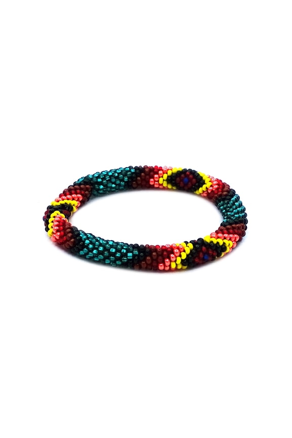 Native Inspired Tribal Fire Diamond Pattern Guatemalan Czech Glass Seed Beaded One Size Fits All Bangle Bracelet - Womens Fashion Handmade Jewelry Boho Accessories