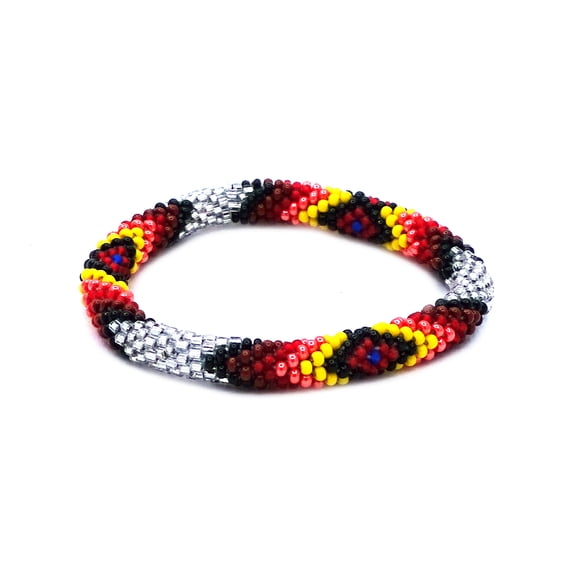 Native Inspired Tribal Fire Diamond Pattern Guatemalan Czech Glass Seed Beaded One Size Fits All Bangle Bracelet - Womens Fashion Handmade Jewelry Boho Accessories