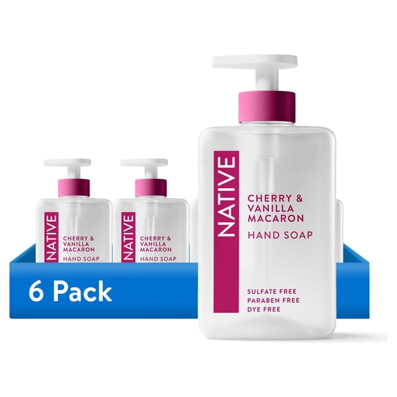 (6 pack) Native Liquid Hand Soap, Cherry & Vanilla Macaron, Non-drying, Naturally Derived Cleansers, Sulfate Free, 13 fl oz