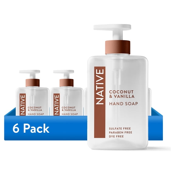 (6 pack) Native Liquid Hand Soap, Coconut & Vanilla, Non-drying, Naturally Derived Cleansers, Sulfate Free, 13 fl oz