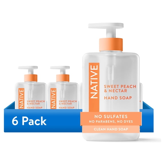 (6 pack) Native Liquid Hand Soap, Sweet Peach & Nectar, Non-drying, Naturally Derived Cleansers, Sulfate Free, 13 fl oz