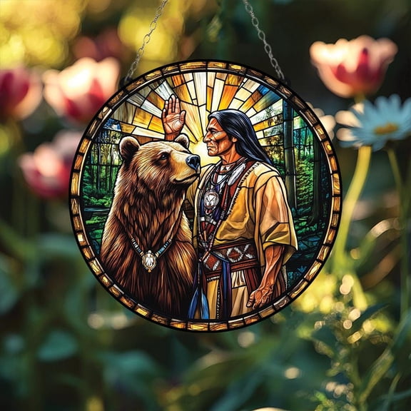 Native Man Bear Stained Glass Suncatcher - Window Ornament, Forest Glow Sunlight Rays, Tribal Spirit Animal Art, Spiritual Home Decor Gift, For Windows Walls