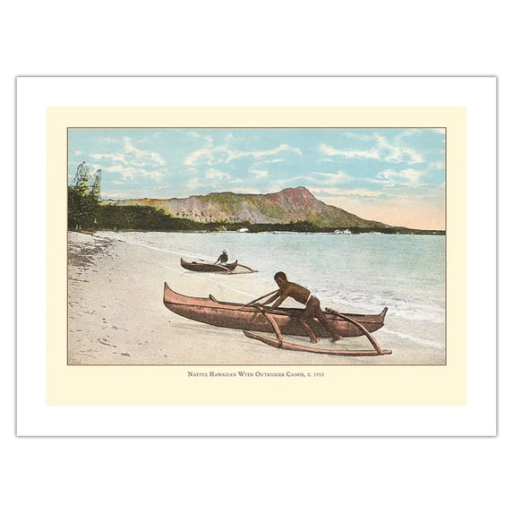 Native with Outrigger Canoe (Wa’a) - Honolulu Hawaii - Vintage Hawaiian Color Postcard c.1910s - Bamboo Fine Art 290gsm Paper Print (Unframed) 24x32in