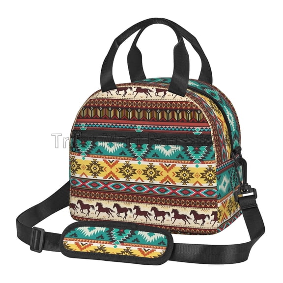 Native Pattern Insulated Lunch Bag Horses Ethnic Geometric Bento Tote Reusable Thermal Lunch Box with Adjustable Shoulder Strap
