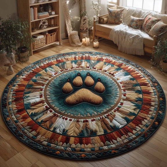 Native Pattern Quilted Round Mat, Tribal Pattern Round Floor Mat, Southwestern Home Decor Rug, Quilted Area Carpet for Bedroom Living Room