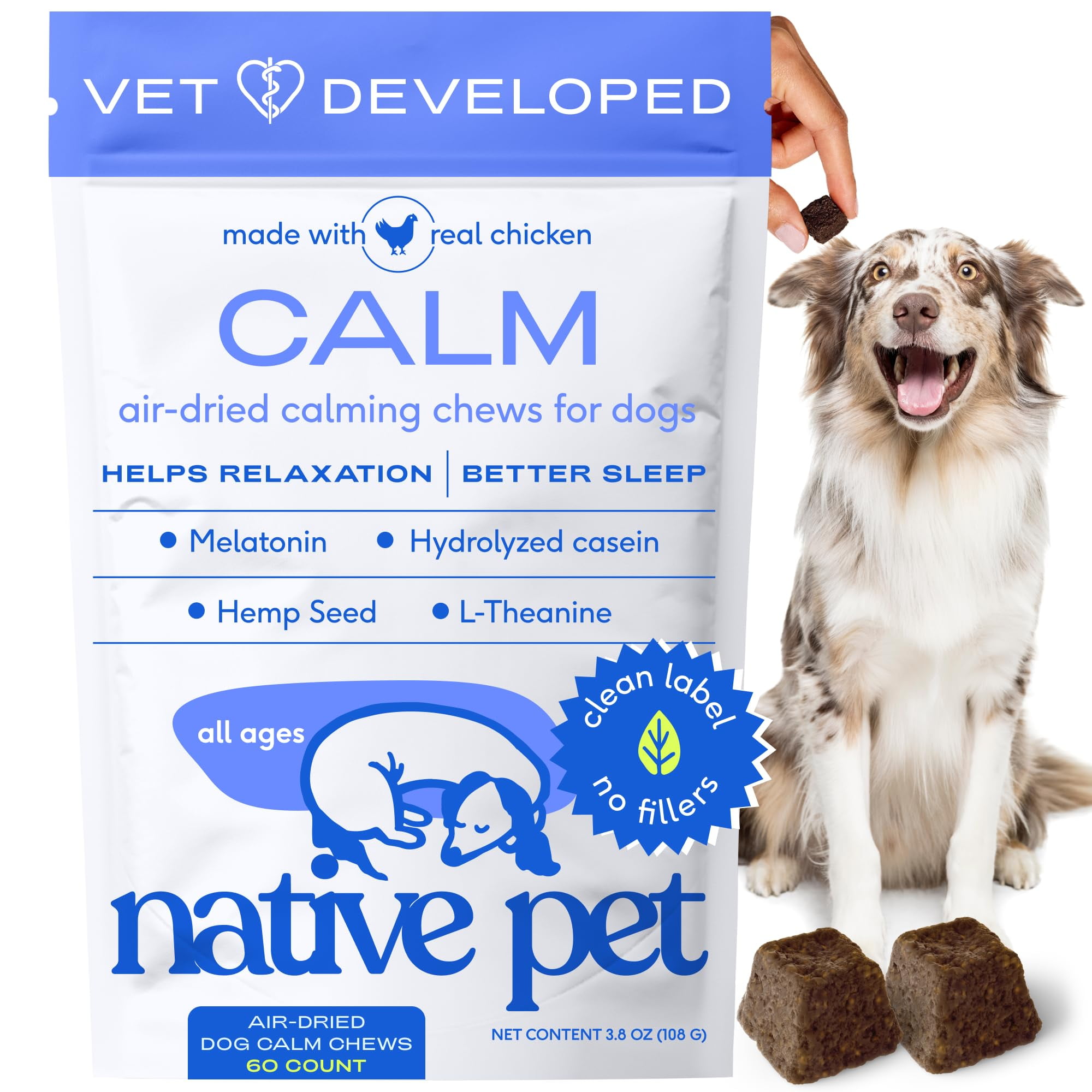 Native Pet Calming Chews for Dogs - Melatonin for Dogs Anxiety Relief - Grain Free All Natural Hemp Calming Treats & L-Theanine Helps Manage Stress & Separation Anxiety - Puppy Sleep Aid - 60 Chews