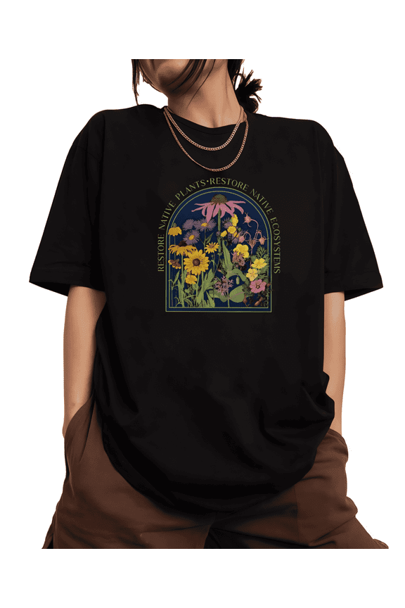 Native Plants Floral Graphic Cotton Tee T-Shirt Print Top Short Sleeve Round Neck Black S-5XL