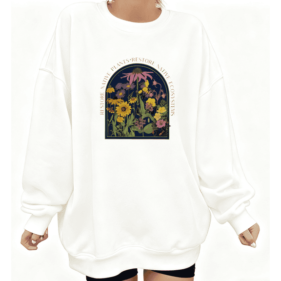 Native Plants Floral Graphic Casual and Fashion Tee T-Shirt Print Top Round-neck long-sleeved White S-3XL