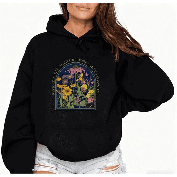 Native Plants Floral Graphic Tee T-Shirt Print Top Comfortable Hooded long-sleeved Black S-2XL