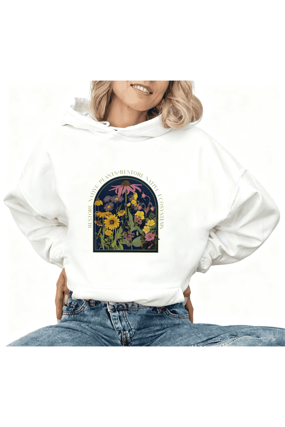 Native Plants Print Hoodie Graphic Sweatshirt White Eco Style Floral S-2XL Tops