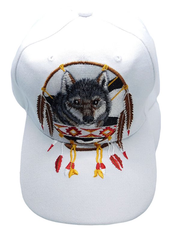 Native Pride American Dreamcatcher Wolf White Embroidered Cap Hat