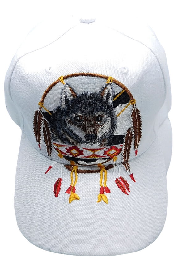 Native Pride American Dreamcatcher Wolf White Embroidered Cap Hat