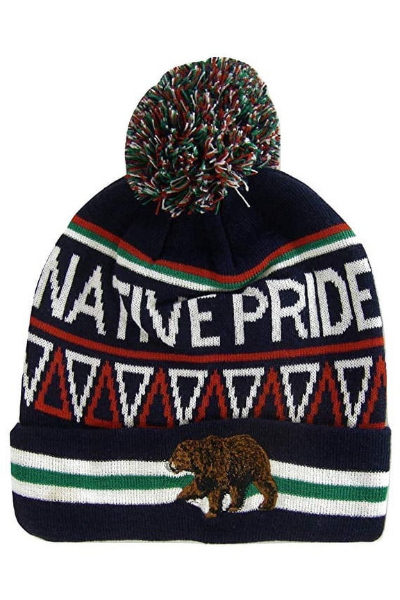 Native Pride Bear Cuffed Knit Winter Hat Pom Beanie (Navy)