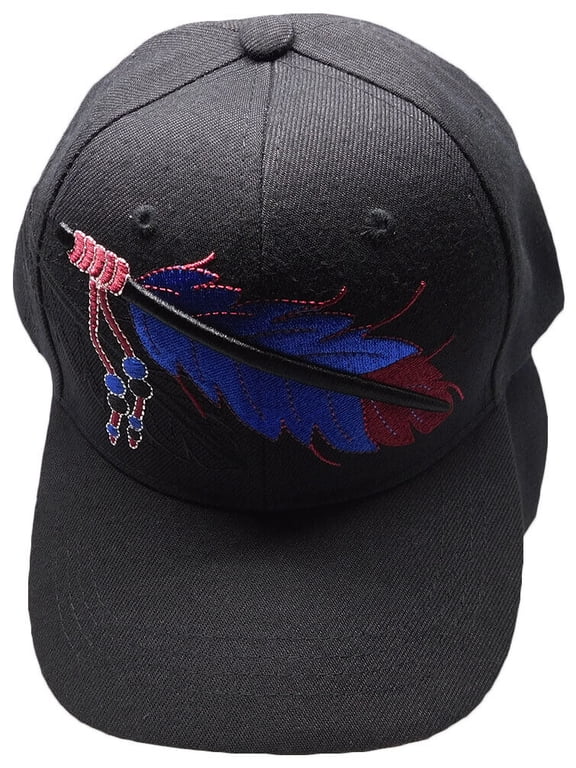 Native Pride Blue Red Feather Shadow Black Embroidered Cap Hat