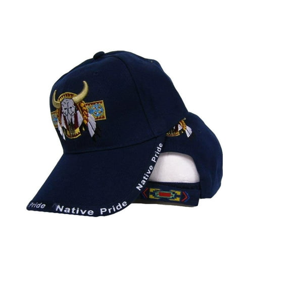 Native Pride Bull Skull Buffalo Blue Embroidered Ball Cap Hat