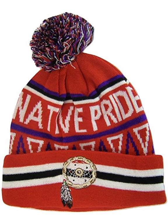Native Pride Dream Catcher Cuffed Knit Winter Hat Pom Beanie (Red)